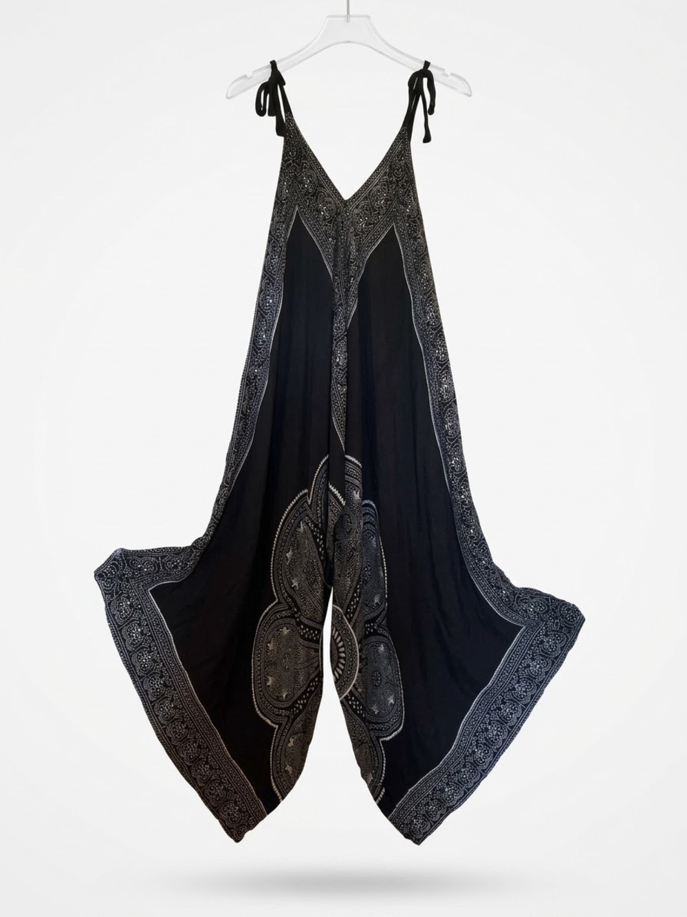 Black Bohemian Wide-Leg Jumpsuit with Tie Straps